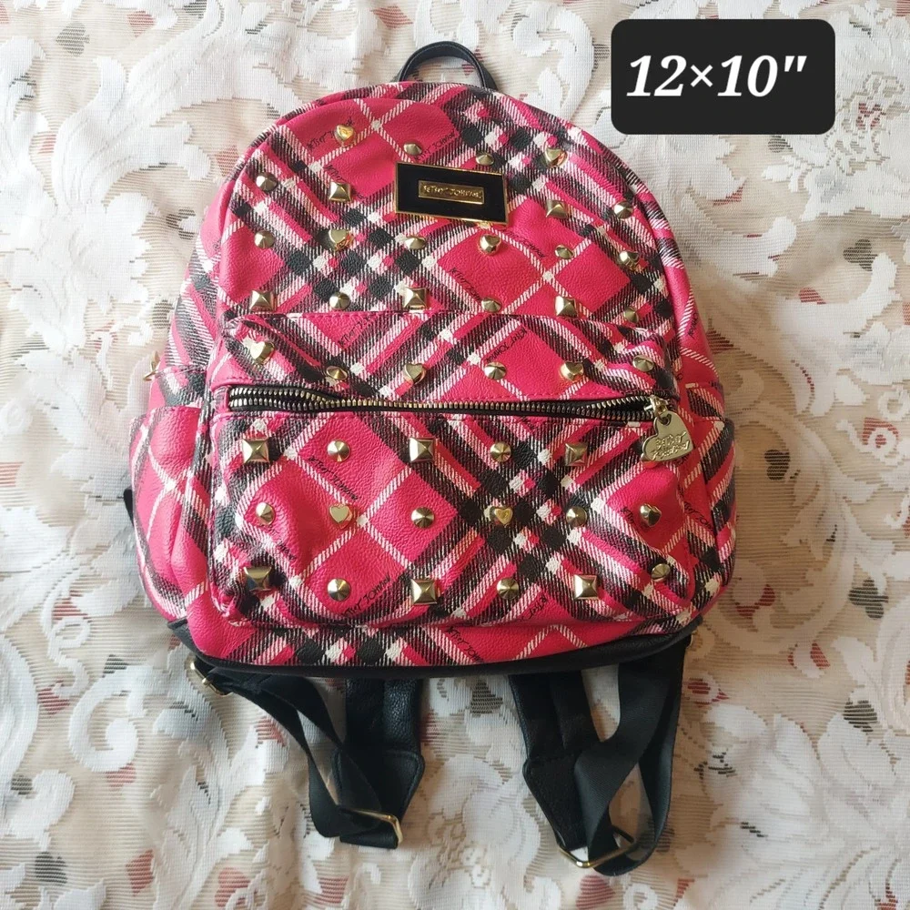 Betsey Johnson Pink Plaid Studded Mini Backpack Gold Heart Studs Rose Lining